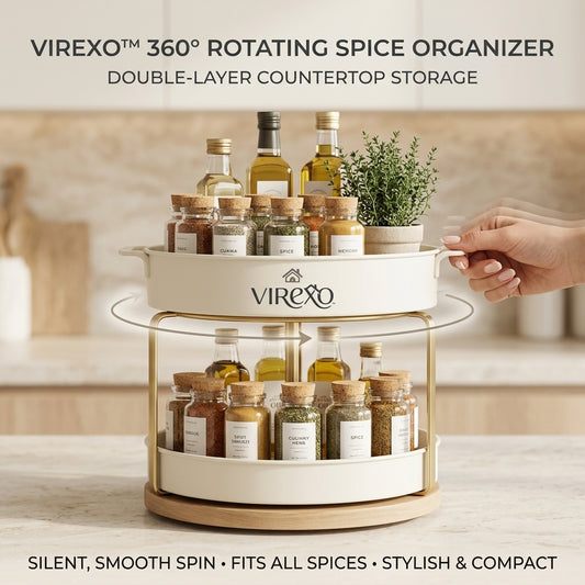 𝑽𝒊𝒓𝒆𝒙𝒐™ 360° Rotating Lazy Susan Organizer, Double Layer Spice Rack, Kitchen Countertop Storage Turntable