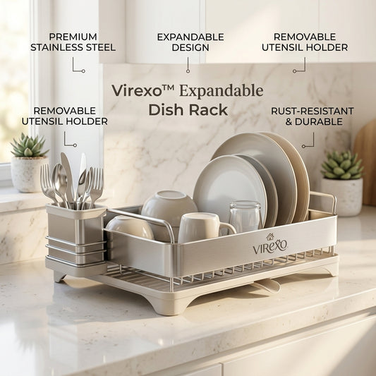 𝑽𝒊𝒓𝒆𝒙𝒐™ Premium Expandable Dish Drying Rack, Stainless Steel Kitchen Dish Organizer with Utensil Holder