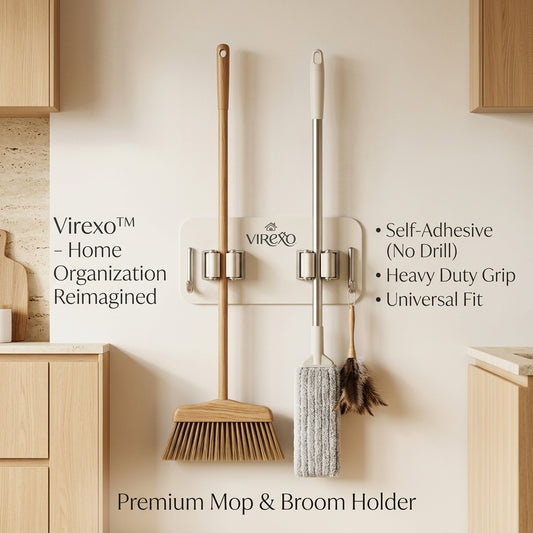 𝑽𝒊𝒓𝒆𝒙𝒐™ Self-Adhesive Wall Mounted Mop & Broom Holder, Heavy Duty Cleaning Tool Organizer