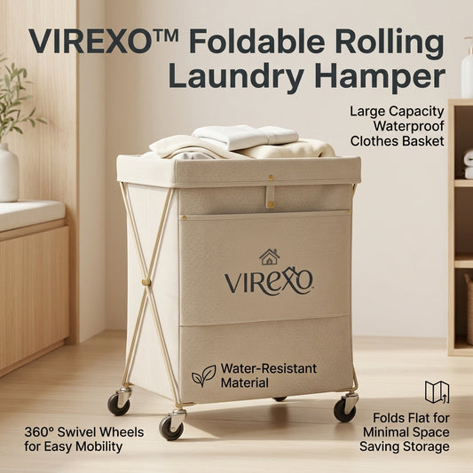 𝑽𝒊𝒓𝒆𝒙𝒐™ Foldable Rolling Laundry Hamper, Large Capacity Waterproof Clothes Basket with Wheels