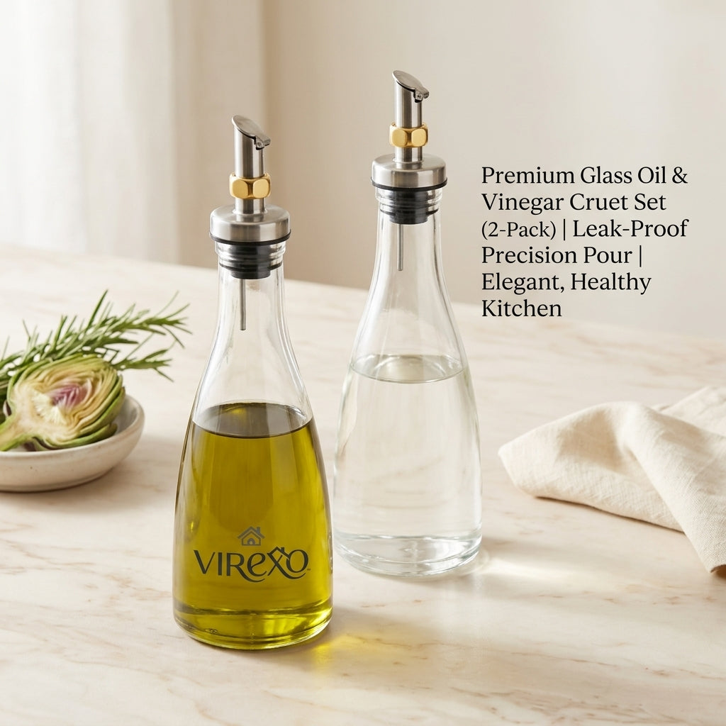 𝑽𝒊𝒓𝒆𝒙𝒐™ Glass Oil Dispenser Set, Leak-Proof Olive Oil Bottle, Kitchen Vinegar Cruet (2-Pack)