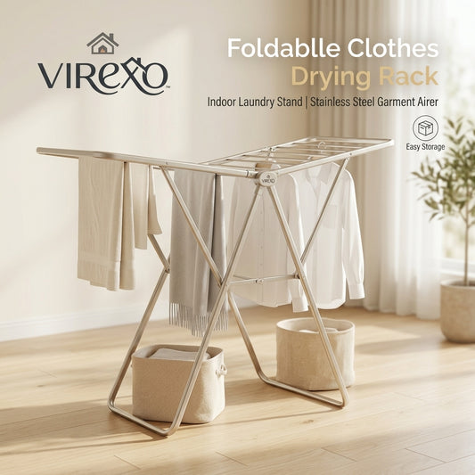 𝑽𝒊𝒓𝒆𝒙𝒐™ Foldable Clothes Drying Rack, Indoor Laundry Drying Stand, Stainless Steel Garment Airer