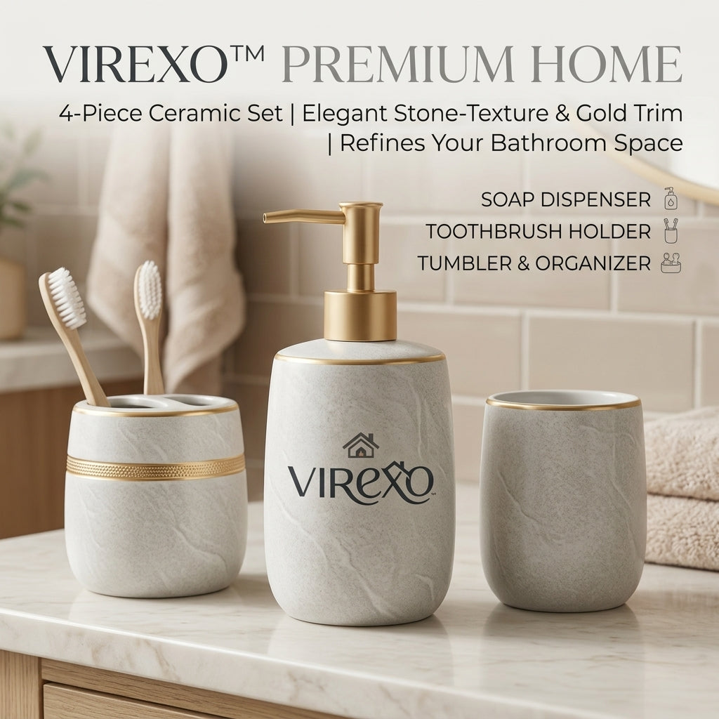 𝑽𝒊𝒓𝒆𝒙𝒐™ Ceramic Bathroom Accessories Set, Soap Dispenser, Toothbrush Holder & Vanity Organizer (4-Piece)